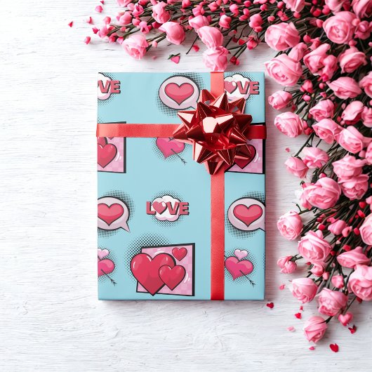かわいい恋漫画本スタイルスカイブルーハートギフト ラッピングペーパー