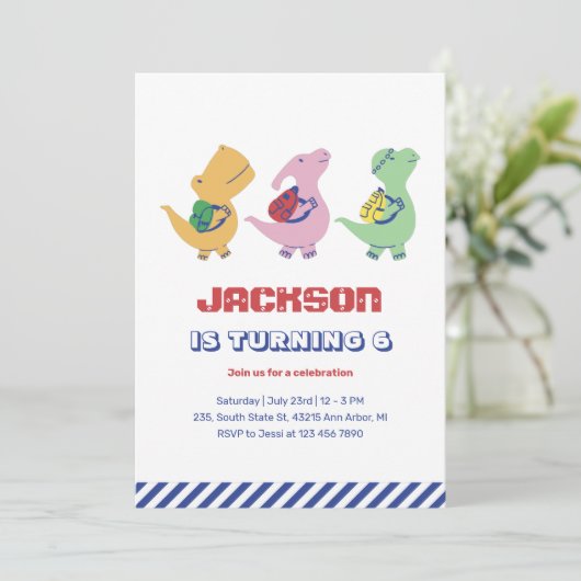 かわいい恐竜が学校に行く子供の誕生日 招待状 (スタンド正面)