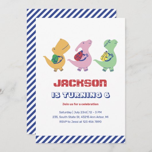 かわいい恐竜が学校に行く子供の誕生日 招待状 (正面/裏面)