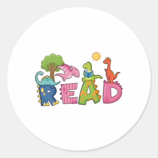 かわいい恐竜が本を読む 小学校の先生 ラウンドシール (正面)