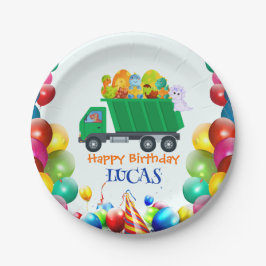 かわいい恐竜ごみ収集車バルーン誕生日おめでとうボーイ ペーパープレート