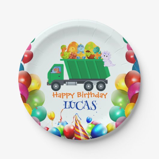 かわいい恐竜ごみ収集車バルーン誕生日おめでとうボーイ ペーパープレート (正面)