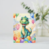 かわいい恐竜とたくさんのカラフルな風船 ポストカード (スタンド正面)