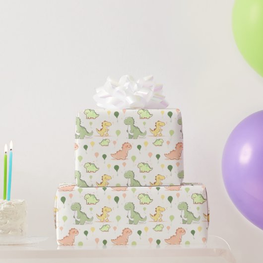 かわいい恐竜とバルーン柄の誕生日 ラッピングペーパー (パーティーギフト)