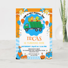 かわいい恐竜のカラフルなゴミ収集車の誕生日ボーイ 招待状