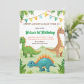かわいい恐竜のカラフルな男の子の誕生日パーティー 招待状 (スタンド正面)