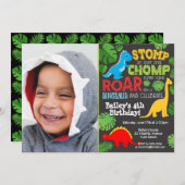 かわいい恐竜のカラフルな誕生日の男の子の写真 招待状 (正面/裏面)