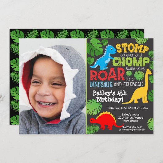 かわいい恐竜のカラフルな誕生日の男の子の写真 招待状 (正面/裏面)