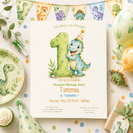 かわいい恐竜のテーマの1歳の誕生日 招待状