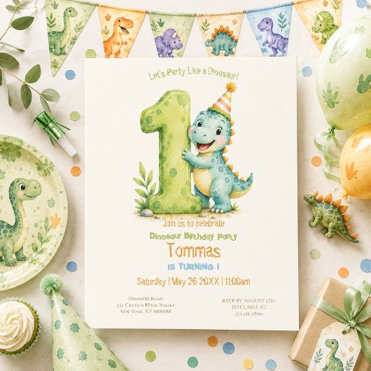 かわいい恐竜のテーマの1歳の誕生日 招待状
