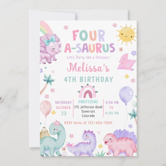かわいい恐竜のフォーアサウルス4歳誕生日パーティー 招待状 (正面)