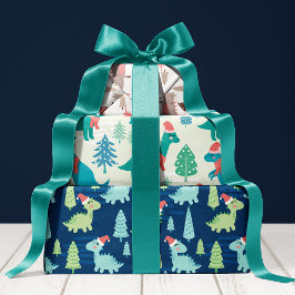 かわいい恐竜のホリデー クリスマス ラッピングペーパーシート