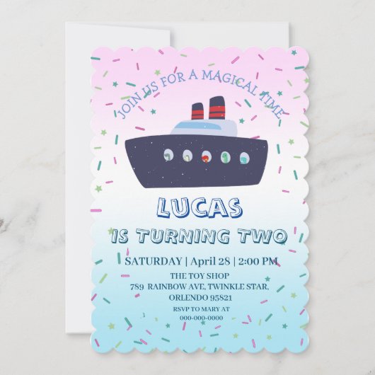 かわいい恐竜のボートクルーズ 誕生日パーティー DIY 名前 招待状 (正面)