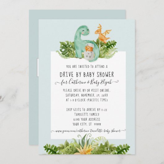 かわいい恐竜のママの葉ベビードライブバイシャワーI 招待状 (正面/裏面)