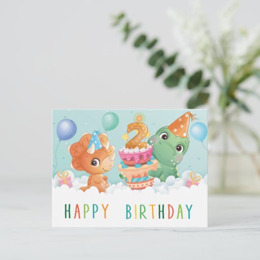 かわいい恐竜の二番目の誕生日カード ポストカード (スタンド正面)