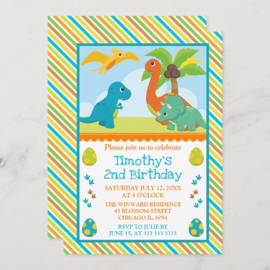 かわいい恐竜の友達の子供の誕生日 招待状 (正面/裏面)