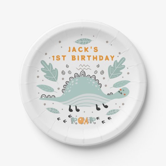 かわいい恐竜の咆哮の誕生日パーティー ペーパープレート (正面)