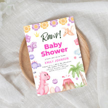 かわいい恐竜の女の子のベビーシャワー招待状