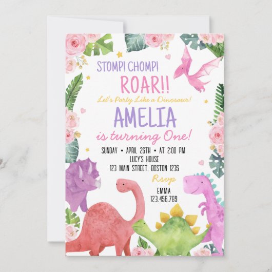かわいい恐竜の女の子の誕生日パーティーの招待状 招待状 (正面)