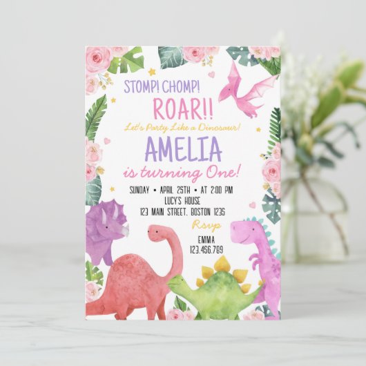 かわいい恐竜の女の子の誕生日パーティーの招待状 招待状 (スタンド正面)