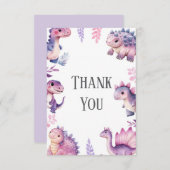 かわいい恐竜の女の子の誕生日パーティー サンキューカード (正面/裏面)