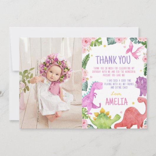かわいい恐竜の女の子の誕生日写真感謝カード サンキューカード (正面)