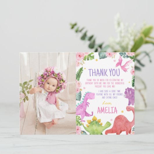 かわいい恐竜の女の子の誕生日写真感謝カード サンキューカード (スタンド正面)