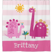 かわいい恐竜の女の子ピンクのストライプおもしろい名かわいい シャワーカーテン (正面)