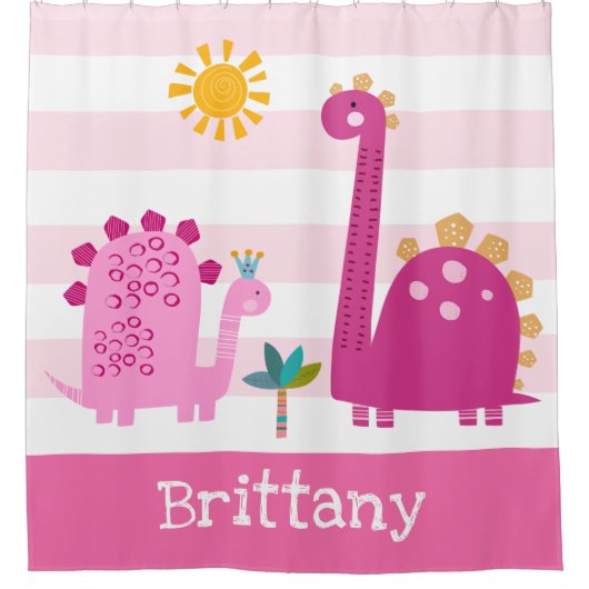 かわいい恐竜の女の子ピンクのストライプおもしろい名かわいい シャワーカーテン (正面)