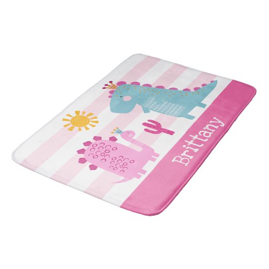 かわいい恐竜の女の子ピンクのストライプおもしろい名かわいい バスマット (アングル)