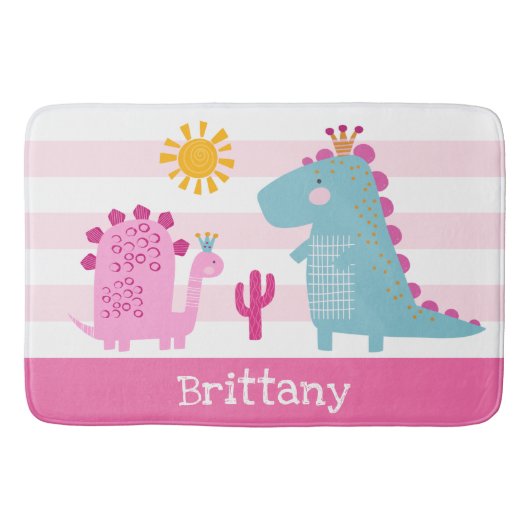 かわいい恐竜の女の子ピンクのストライプおもしろい名かわいい バスマット (正面)