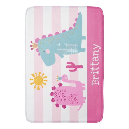 かわいい恐竜の女の子ピンクのストライプおもしろい名かわいい バスマット (正面縦)