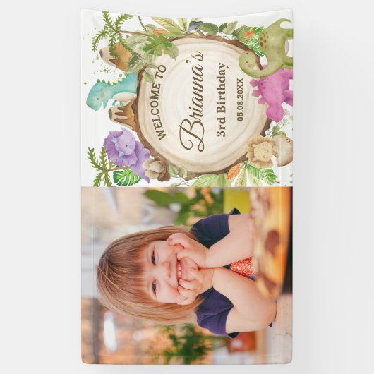 かわいい恐竜の女の子誕生日ベビーシャワーへようこそ 横断幕 (縦)