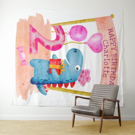 かわいい恐竜の女の子 2歳の誕生日 タペストリー (インサイチュ(横))