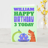 かわいい恐竜の子供たち年齢名グリーン誕生日カード カード (黄色い花)