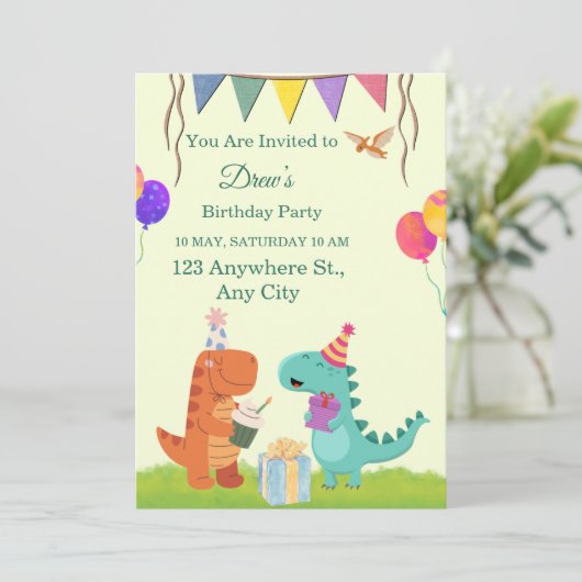 かわいい恐竜の子供の誕生日パーティー招待状 招待状 (スタンド正面)