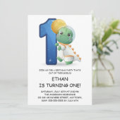 かわいい恐竜の宇宙飛行士1歳の誕生日パーティー 招待状 (スタンド正面)