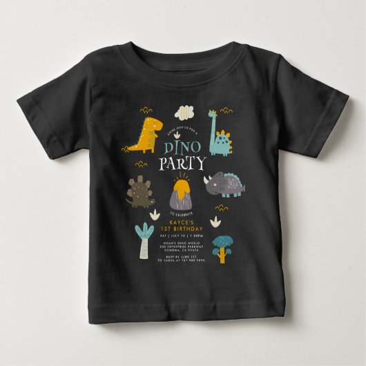 かわいい恐竜の少年の誕生日パーティー ベビーTシャツ (正面)