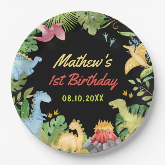 かわいい恐竜の少年の誕生日パーティー ペーパープレート (正面)