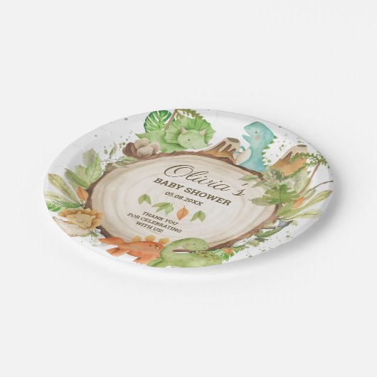 かわいい恐竜の少年の赤ちゃんシャワー緑の葉 ペーパープレート (アングル)
