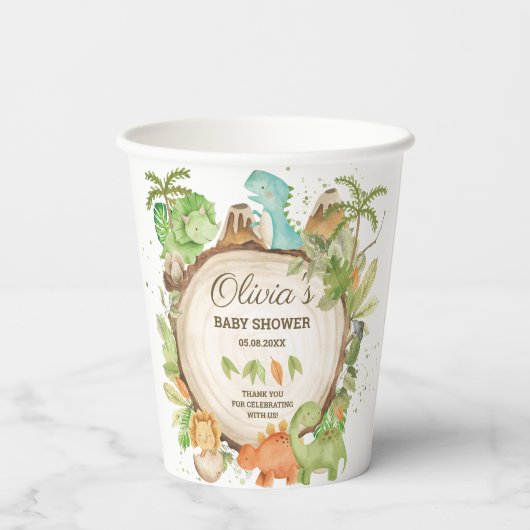 かわいい恐竜の少年の赤ちゃんシャワー緑の葉 紙コップ (裏面)