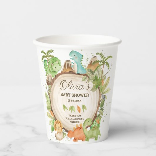 かわいい恐竜の少年の赤ちゃんシャワー緑の葉 紙コップ (正面)