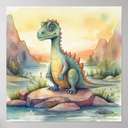 かわいい恐竜の水彩画ストーリーブックイラスト ポスター (正面)