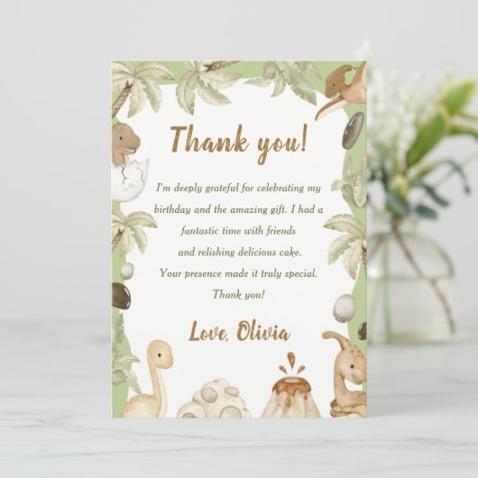 かわいい恐竜の男の子の誕生日パーティーお礼カード 招待状 (スタンド正面)