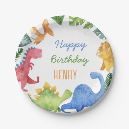 かわいい恐竜の男の子の誕生日パーティー ペーパープレート (正面)