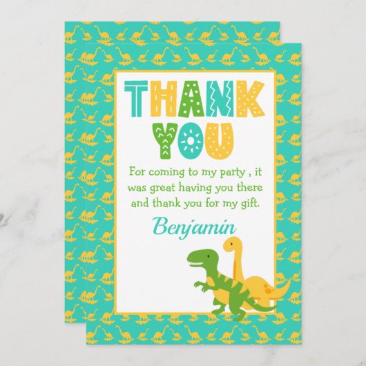 かわいい恐竜の男の子の誕生日 サンキューカード (正面/裏面)