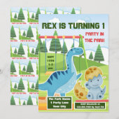 かわいい恐竜の男の子の1歳誕生日パーティー招待状 招待状 (正面/裏面)