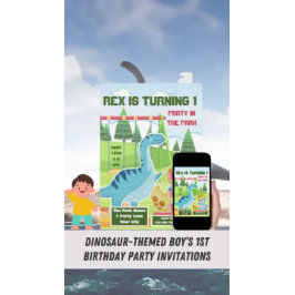 かわいい恐竜の男の子の1歳誕生日パーティー招待状 招待状
