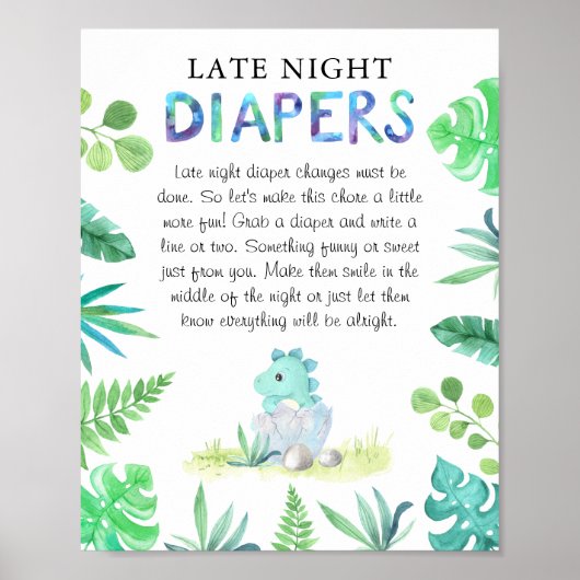 かわいい恐竜の男の子ベビーシャワー「夜中のオムツ」 ポスター (正面)