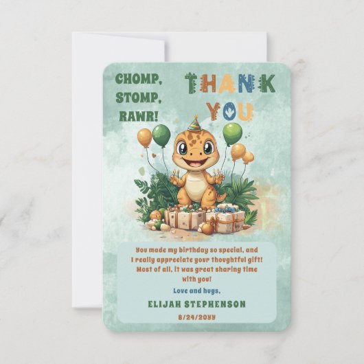 かわいい恐竜の男の子　１歳の誕生日パーティー サンキューカード (正面)